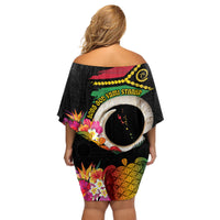 Vanuatu Selebretem 44th Indipendens Dei Family Matching Off Shoulder Short Dress and Hawaiian Shirt Sand Drawing Turtle Melanesian Vibes