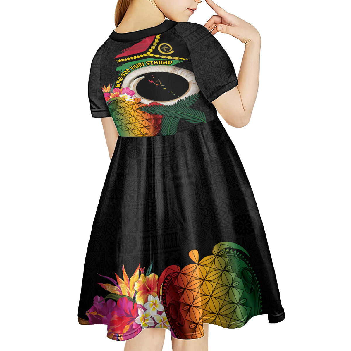 Vanuatu Selebretem 44th Indipendens Dei Kid Short Sleeve Dress Sand Drawing Turtle Melanesian Vibes