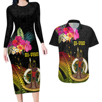 Vanuatu Ni-Van Couples Matching Long Sleeve Bodycon Dress and Hawaiian Shirt Coat of Arms Sand Drawing LT03 Black - Polynesian Pride