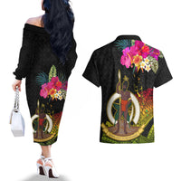 Vanuatu Ni-Van Couples Matching Off The Shoulder Long Sleeve Dress and Hawaiian Shirt Coat of Arms Sand Drawing LT03 - Polynesian Pride