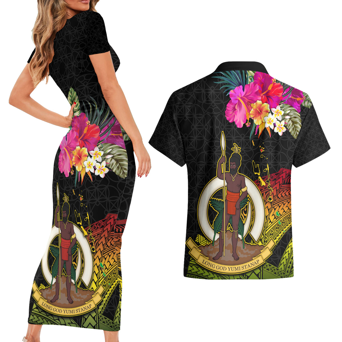 Vanuatu Ni-Van Couples Matching Short Sleeve Bodycon Dress and Hawaiian Shirt Coat of Arms Sand Drawing LT03 - Polynesian Pride