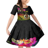 Vanuatu Ni-Van Family Matching Mermaid Dress and Hawaiian Shirt Coat of Arms Sand Drawing LT03 Daughter's Dress Black - Polynesian Pride