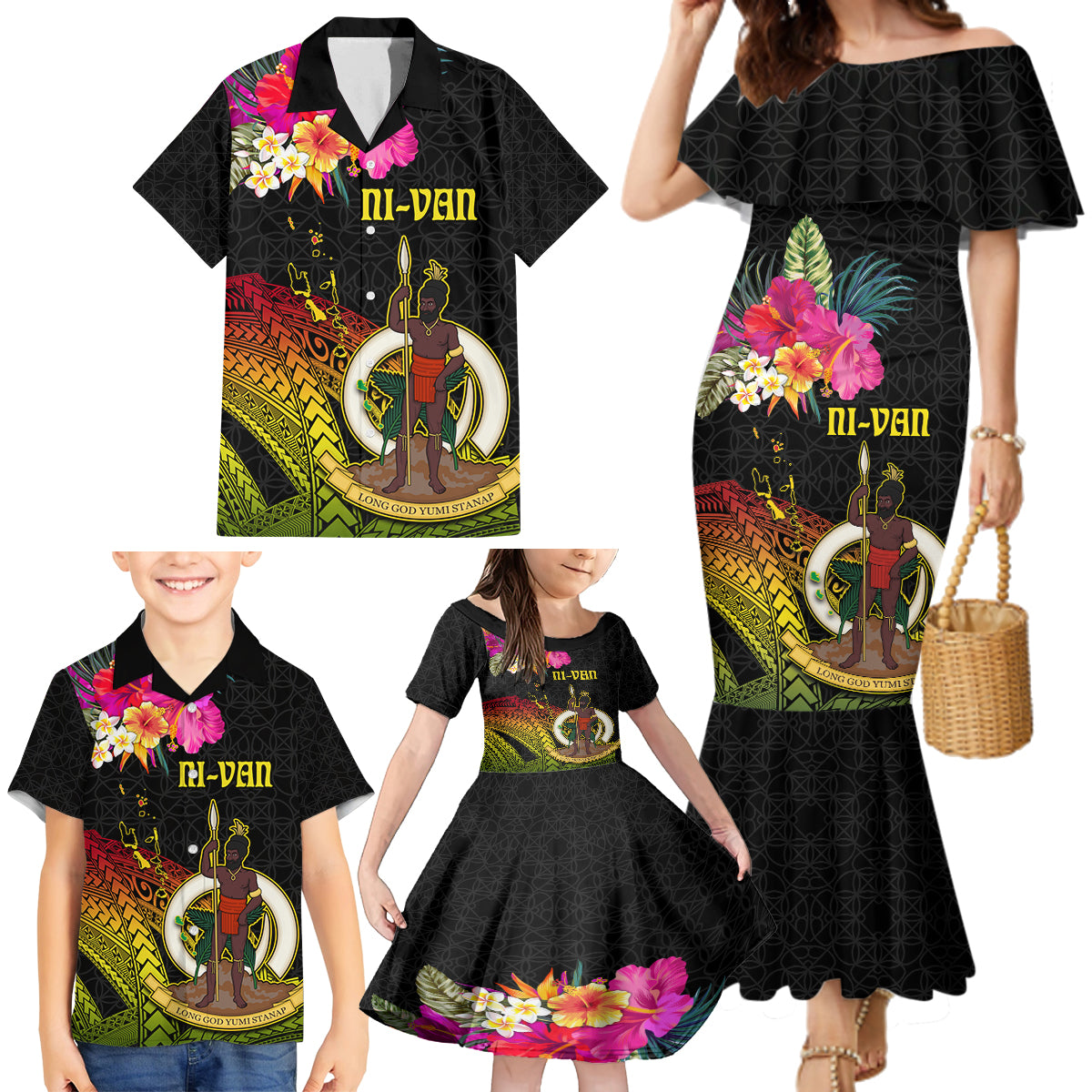 Vanuatu Ni-Van Family Matching Mermaid Dress and Hawaiian Shirt Coat of Arms Sand Drawing LT03 - Polynesian Pride
