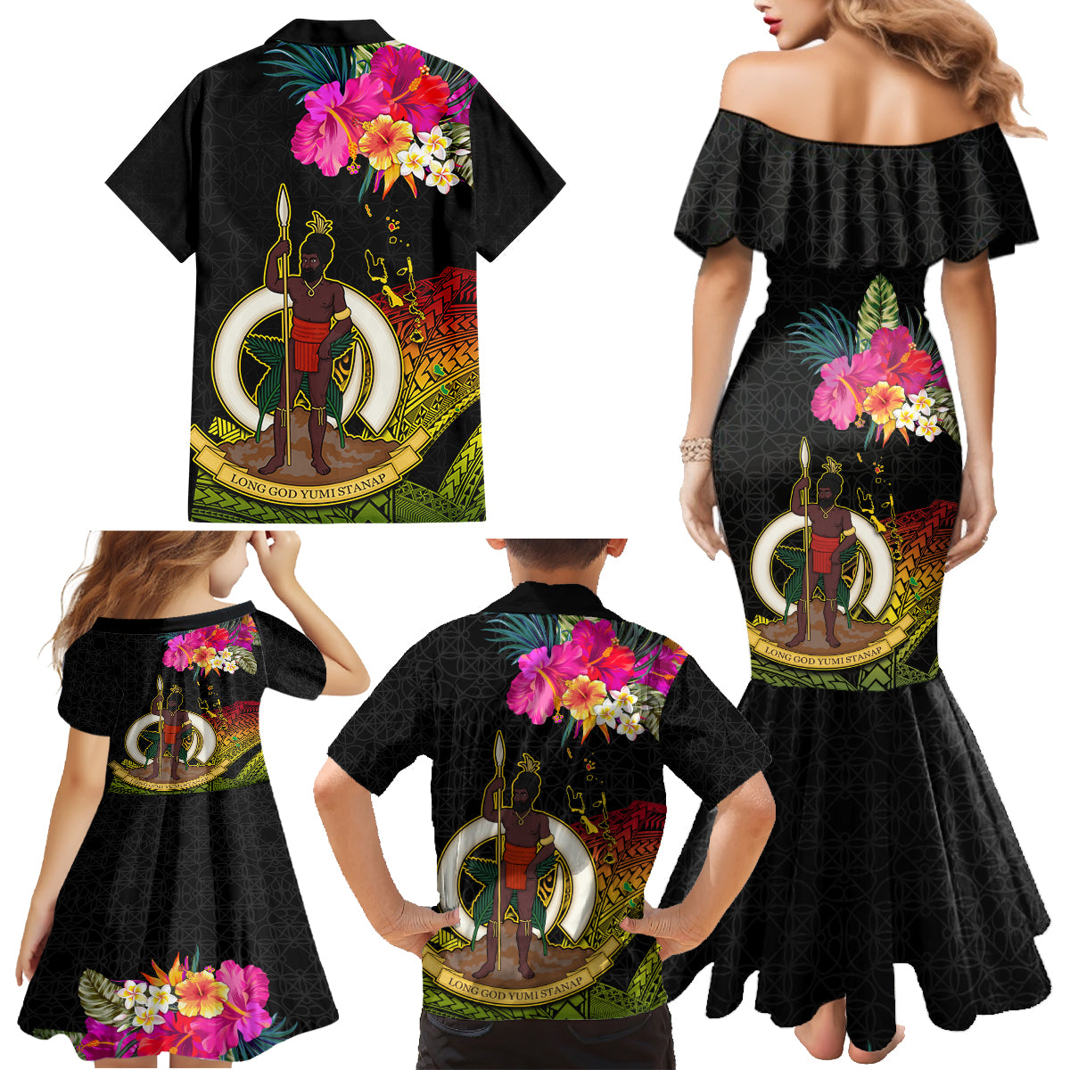 Vanuatu Ni-Van Family Matching Mermaid Dress and Hawaiian Shirt Coat of Arms Sand Drawing LT03 - Polynesian Pride