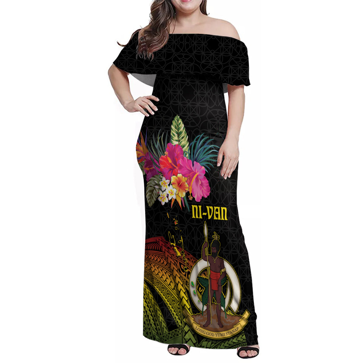 Vanuatu Ni-Van Family Matching Off Shoulder Maxi Dress and Hawaiian Shirt Coat of Arms Sand Drawing