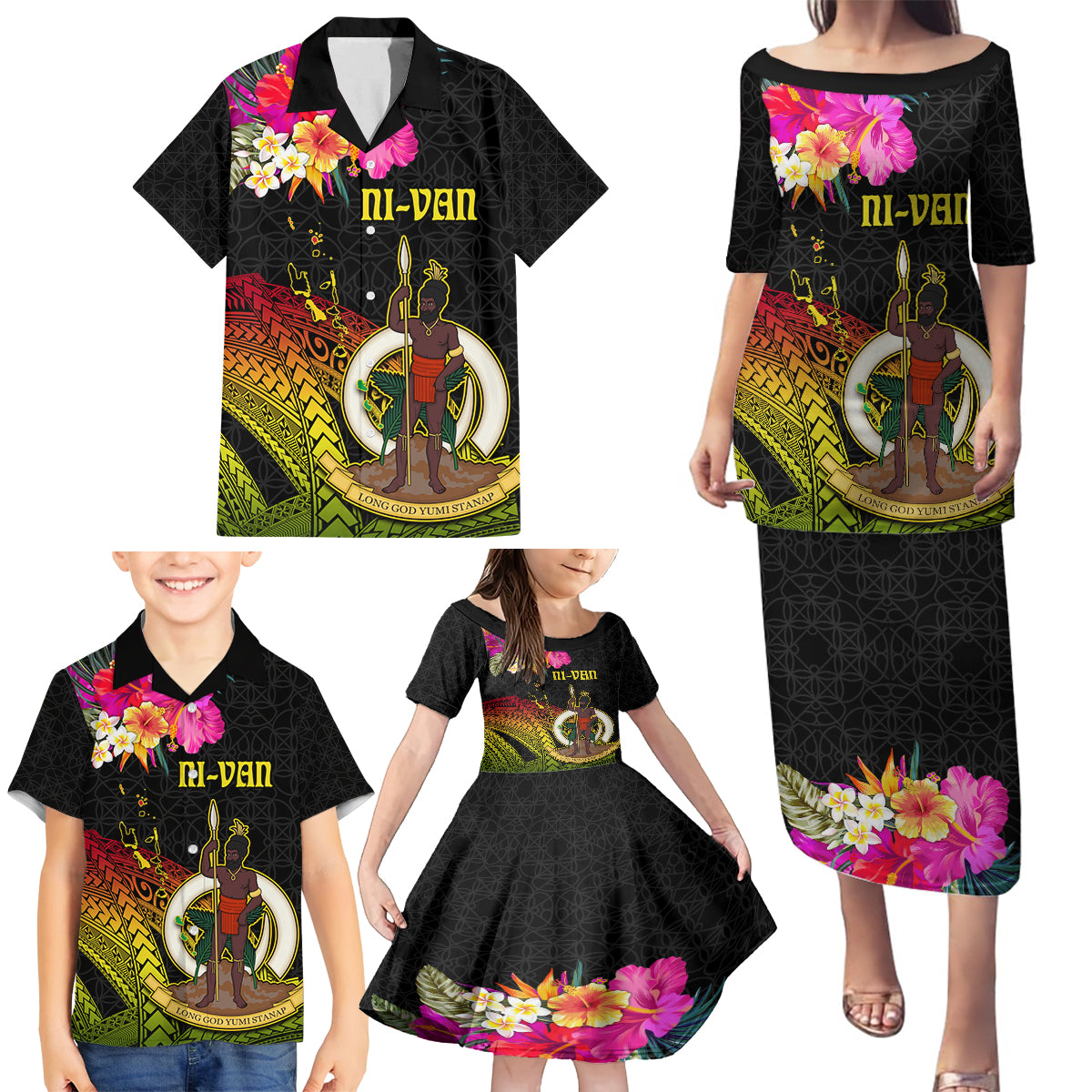 Vanuatu Ni-Van Family Matching Puletasi and Hawaiian Shirt Coat of Arms Sand Drawing LT03 - Polynesian Pride