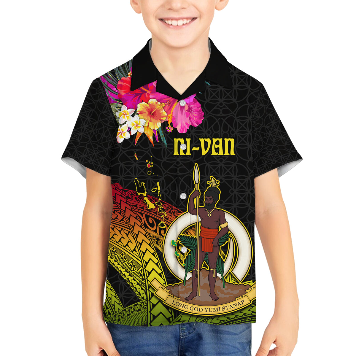 Vanuatu Ni-Van Family Matching Puletasi and Hawaiian Shirt Coat of Arms Sand Drawing LT03 Son's Shirt Black - Polynesian Pride
