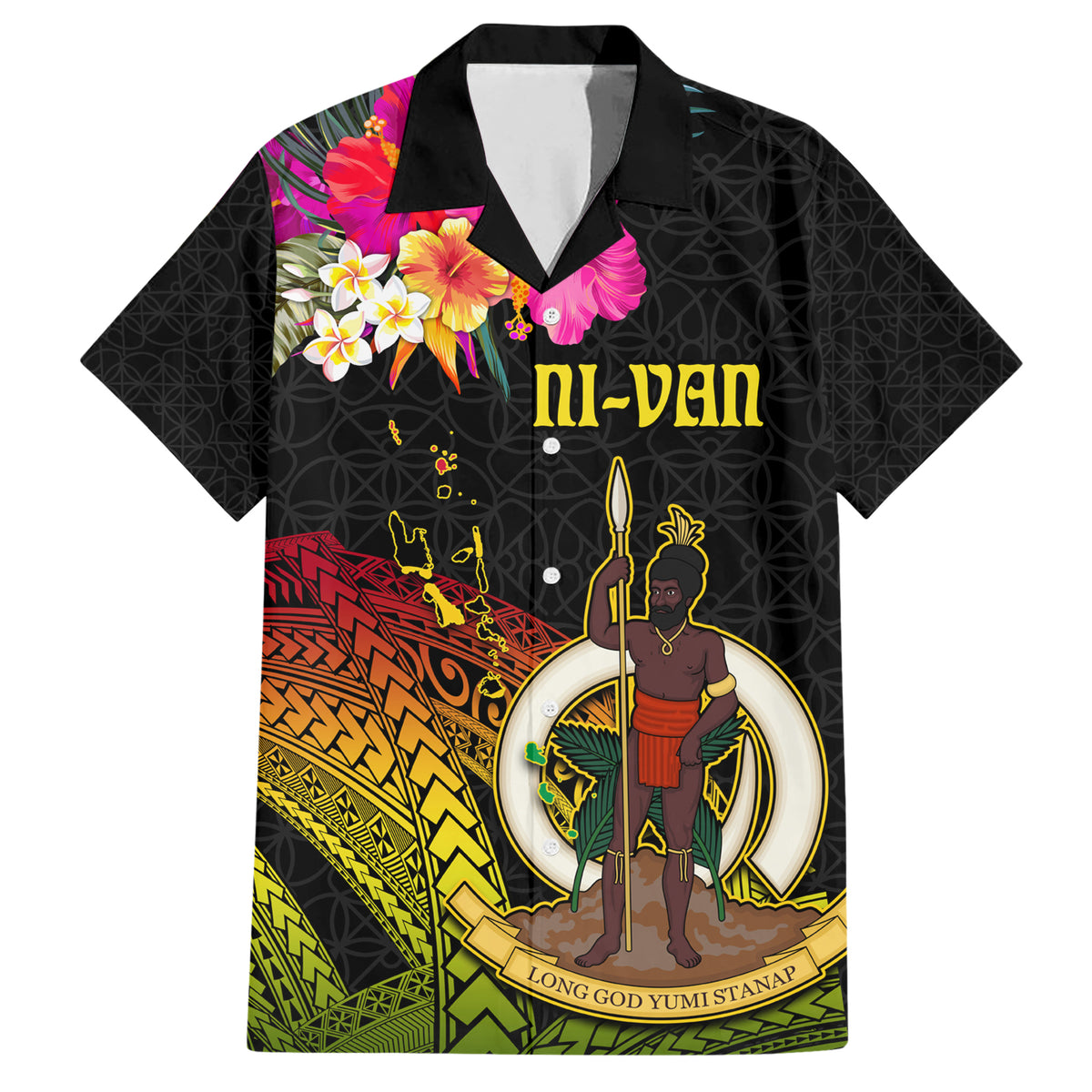 Vanuatu Ni-Van Family Matching Short Sleeve Bodycon Dress and Hawaiian Shirt Coat of Arms Sand Drawing LT03 Dad's Shirt - Short Sleeve Black - Polynesian Pride