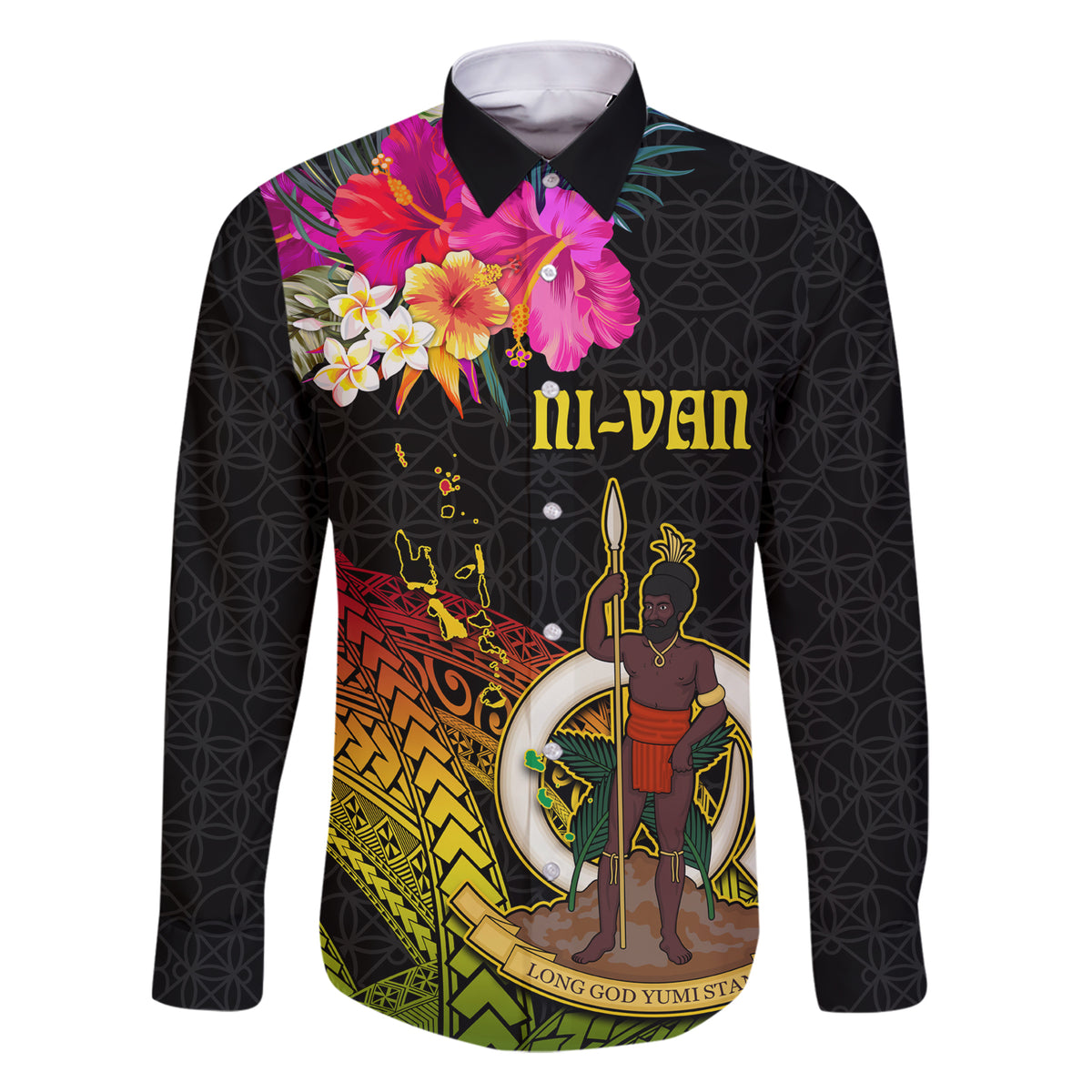 Vanuatu Ni-Van Family Matching Short Sleeve Bodycon Dress and Hawaiian Shirt Coat of Arms Sand Drawing LT03 Dad's Shirt - Long Sleeve Black - Polynesian Pride
