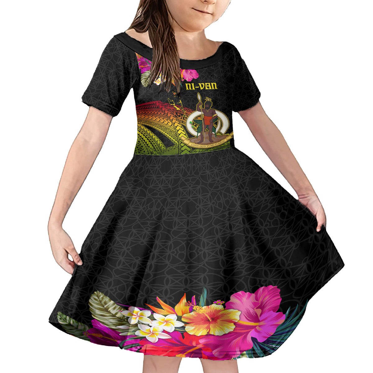 Vanuatu Ni-Van Family Matching Summer Maxi Dress and Hawaiian Shirt Coat of Arms Sand Drawing LT03 Daughter's Dress Black - Polynesian Pride