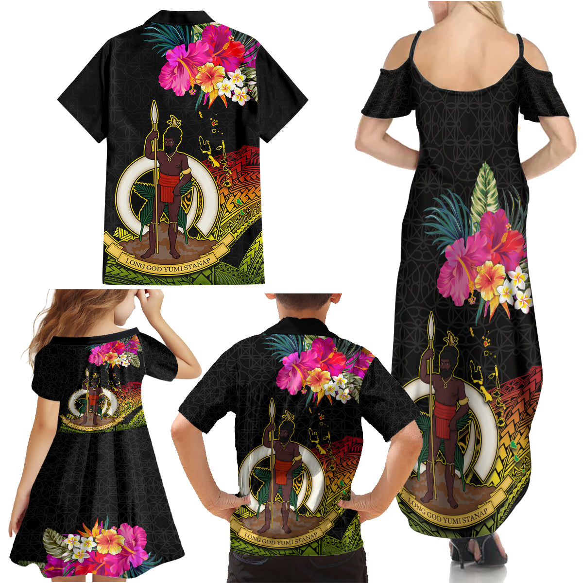 Vanuatu Ni-Van Family Matching Summer Maxi Dress and Hawaiian Shirt Coat of Arms Sand Drawing LT03 - Polynesian Pride