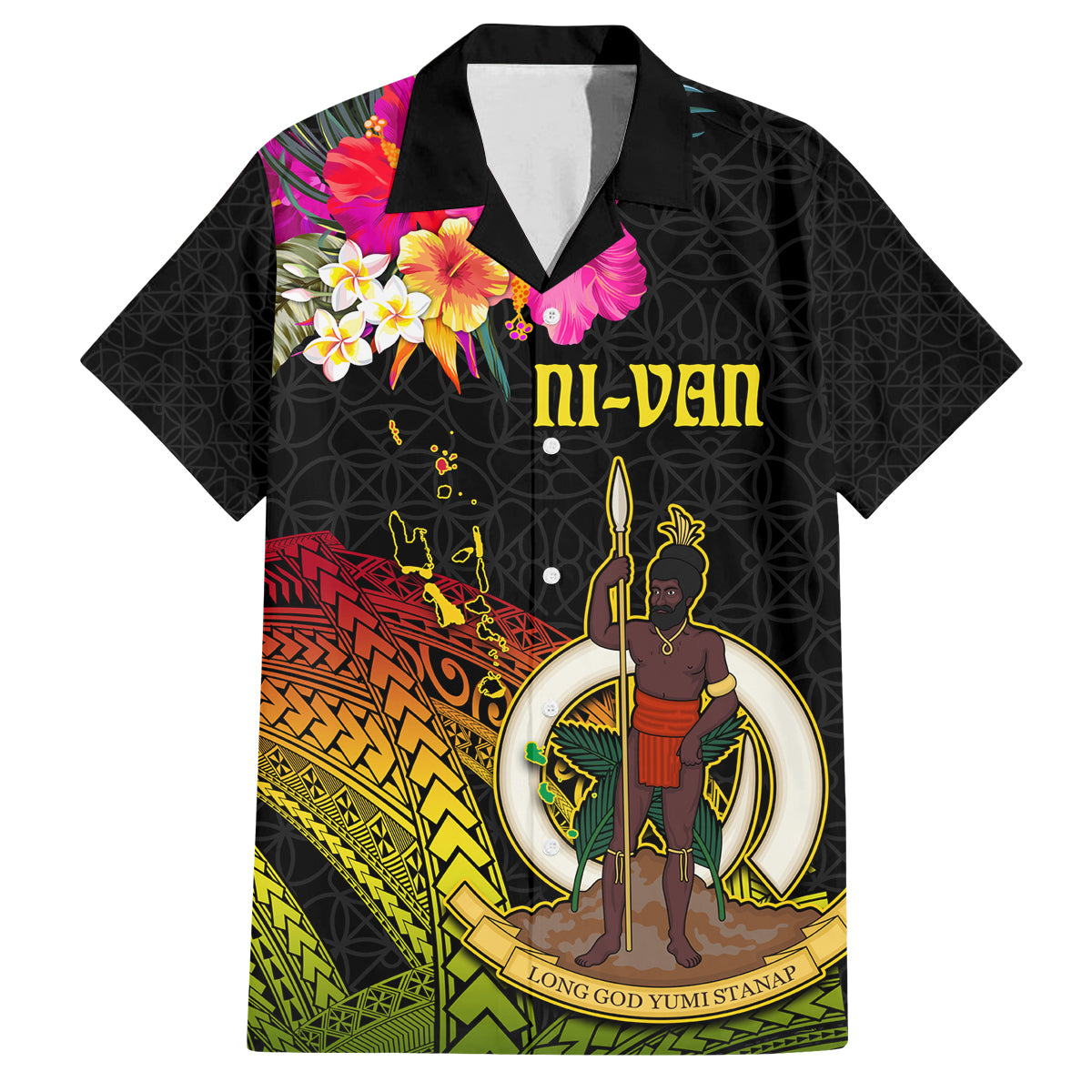 Vanuatu Ni-Van Family Matching Summer Maxi Dress and Hawaiian Shirt Coat of Arms Sand Drawing LT03 Dad's Shirt - Short Sleeve Black - Polynesian Pride