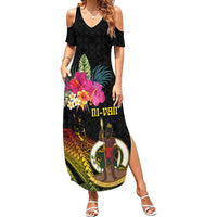 Vanuatu Ni-Van Family Matching Summer Maxi Dress and Hawaiian Shirt Coat of Arms Sand Drawing LT03 Mom's Dress Black - Polynesian Pride