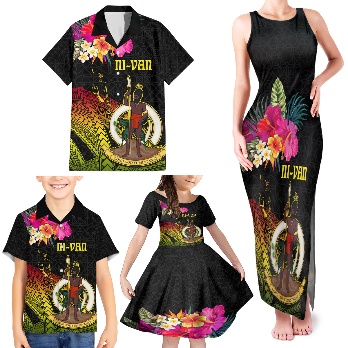 Vanuatu Ni-Van Family Matching Tank Maxi Dress and Hawaiian Shirt Coat of Arms Sand Drawing
