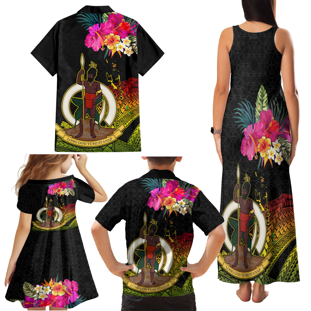 Vanuatu Ni-Van Family Matching Tank Maxi Dress and Hawaiian Shirt Coat of Arms Sand Drawing