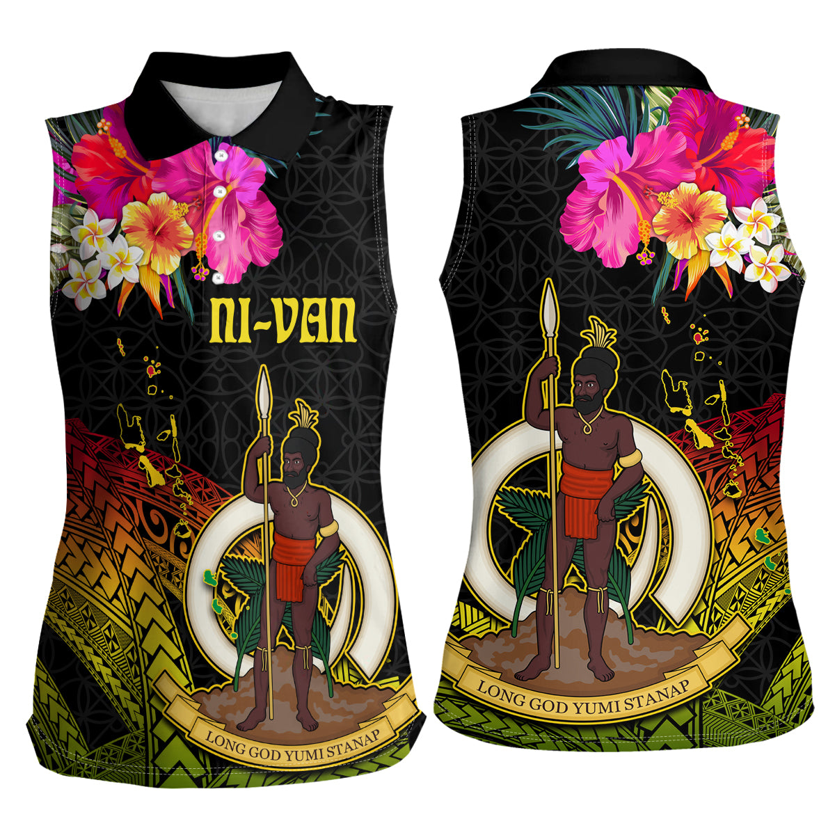 Vanuatu Ni-Van Women Sleeveless Polo Shirt Coat of Arms Sand Drawing