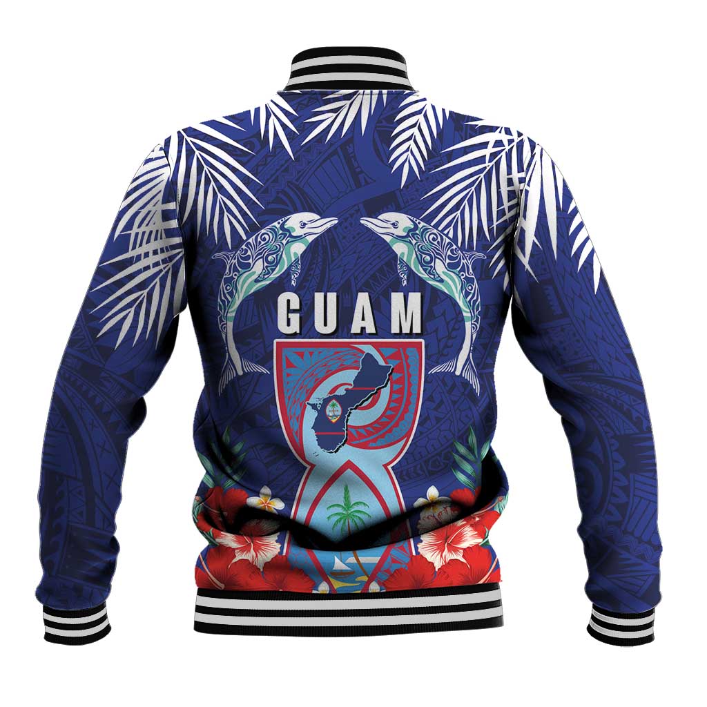 Guam Liberation Day Baseball Jacket The Tribal Latte Stone and Dolphins with Hibiscus Chamorro Culture