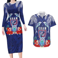 Guam Liberation Day Couples Matching Long Sleeve Bodycon Dress and Hawaiian Shirt The Tribal Latte Stone and Dolphins with Hibiscus Chamorro Culture