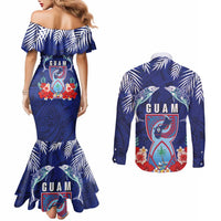 Guam Liberation Day Couples Matching Mermaid Dress and Long Sleeve Button Shirt The Tribal Latte Stone and Dolphins with Hibiscus Chamorro Culture