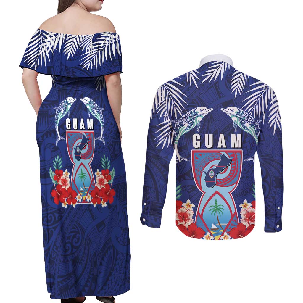 Guam Liberation Day Couples Matching Off Shoulder Maxi Dress and Long Sleeve Button Shirt The Tribal Latte Stone and Dolphins with Hibiscus Chamorro Culture LT03 - Polynesian Pride