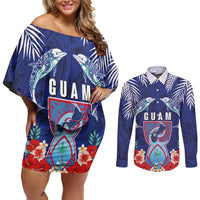 Guam Liberation Day Couples Matching Off Shoulder Short Dress and Long Sleeve Button Shirt The Tribal Latte Stone and Dolphins with Hibiscus Chamorro Culture LT03 Blue - Polynesian Pride