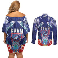 Guam Liberation Day Couples Matching Off Shoulder Short Dress and Long Sleeve Button Shirt The Tribal Latte Stone and Dolphins with Hibiscus Chamorro Culture LT03 - Polynesian Pride