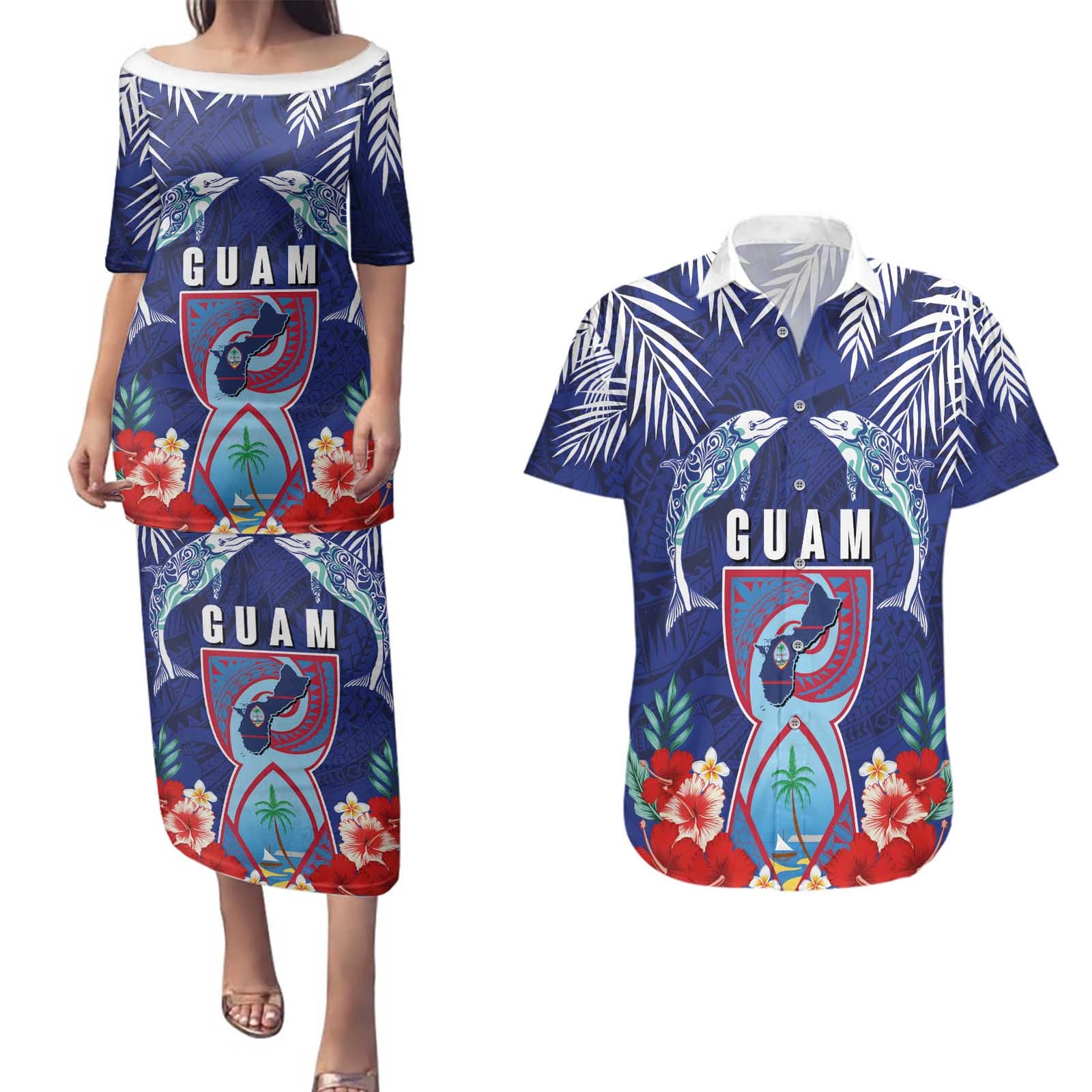 Guam Liberation Day Couples Matching Puletasi and Hawaiian Shirt The Tribal Latte Stone and Dolphins with Hibiscus Chamorro Culture