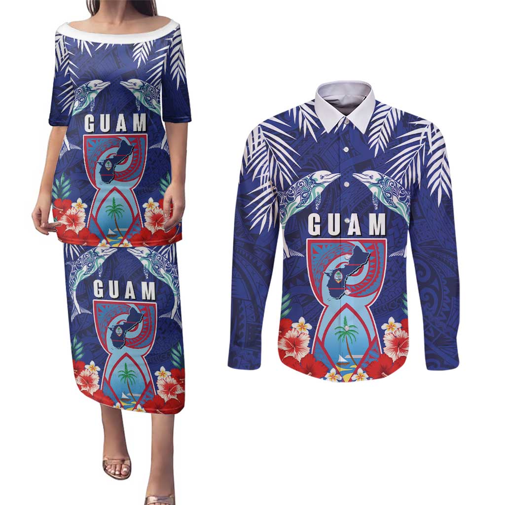Guam Liberation Day Couples Matching Puletasi and Long Sleeve Button Shirt The Tribal Latte Stone and Dolphins with Hibiscus Chamorro Culture