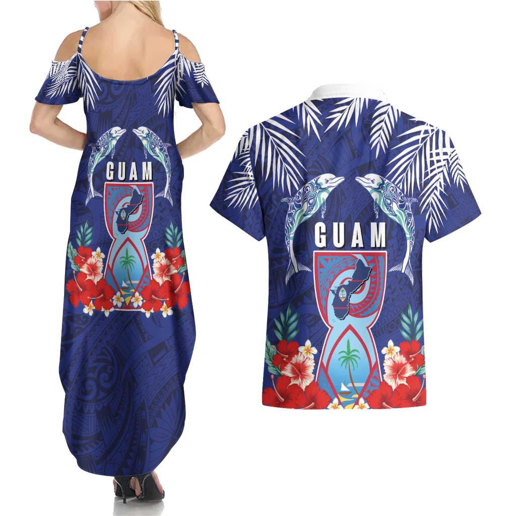 Guam Liberation Day Couples Matching Summer Maxi Dress and Hawaiian Shirt The Tribal Latte Stone and Dolphins with Hibiscus Chamorro Culture