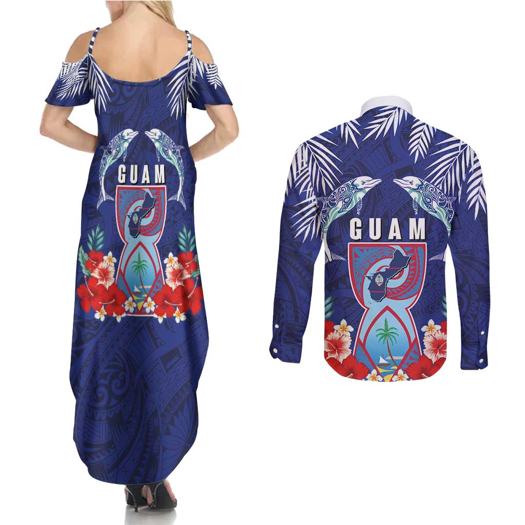 Guam Liberation Day Couples Matching Summer Maxi Dress and Long Sleeve Button Shirt The Tribal Latte Stone and Dolphins with Hibiscus Chamorro Culture
