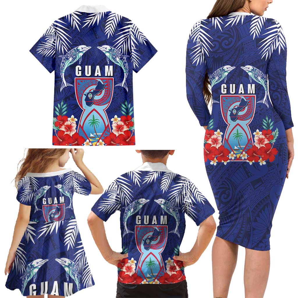 Guam Liberation Day Family Matching Long Sleeve Bodycon Dress and Hawaiian Shirt The Tribal Latte Stone and Dolphins with Hibiscus Chamorro Culture