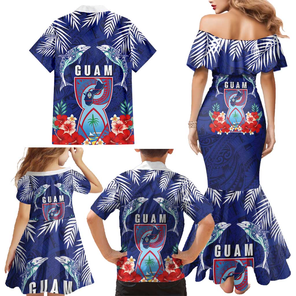 Guam Liberation Day Family Matching Mermaid Dress and Hawaiian Shirt The Tribal Latte Stone and Dolphins with Hibiscus Chamorro Culture