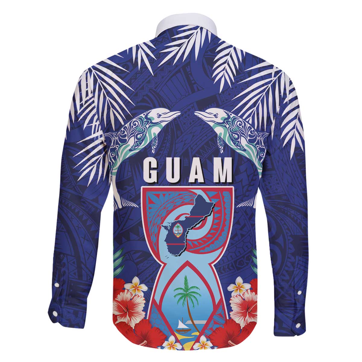 Guam Liberation Day Family Matching Off The Shoulder Long Sleeve Dress and Hawaiian Shirt The Tribal Latte Stone and Dolphins with Hibiscus Chamorro Culture