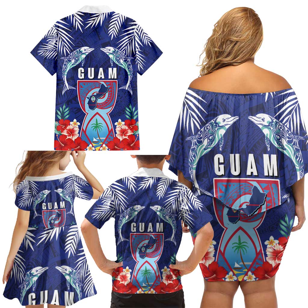 Guam Liberation Day Family Matching Off Shoulder Short Dress and Hawaiian Shirt The Tribal Latte Stone and Dolphins with Hibiscus Chamorro Culture