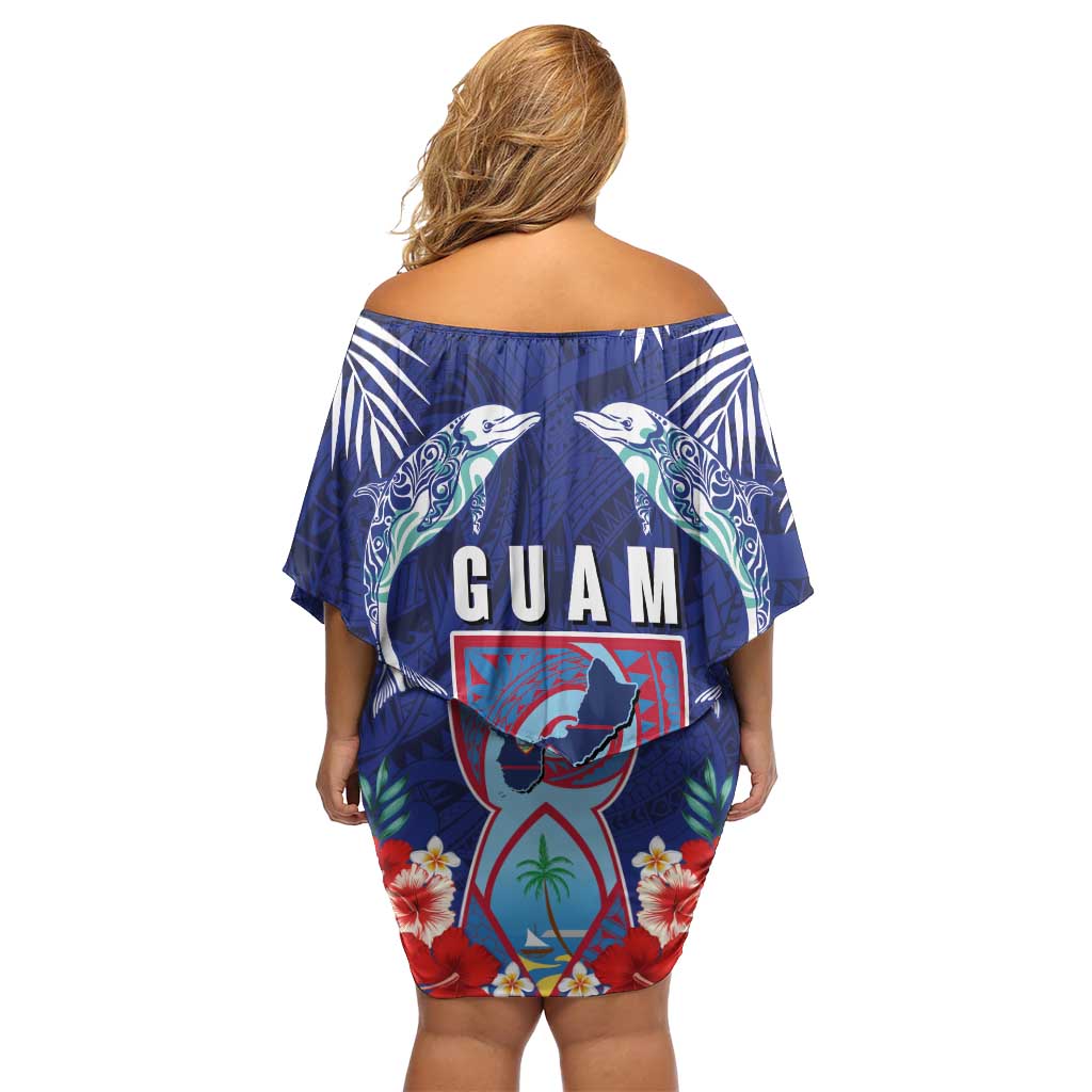 Guam Liberation Day Family Matching Off Shoulder Short Dress and Hawaiian Shirt The Tribal Latte Stone and Dolphins with Hibiscus Chamorro Culture