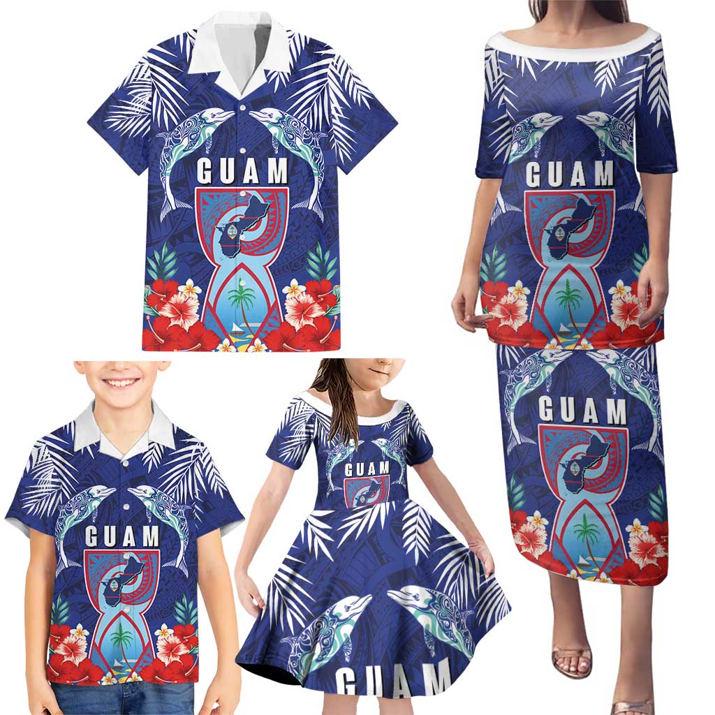 Guam Liberation Day Family Matching Puletasi and Hawaiian Shirt The Tribal Latte Stone and Dolphins with Hibiscus Chamorro Culture