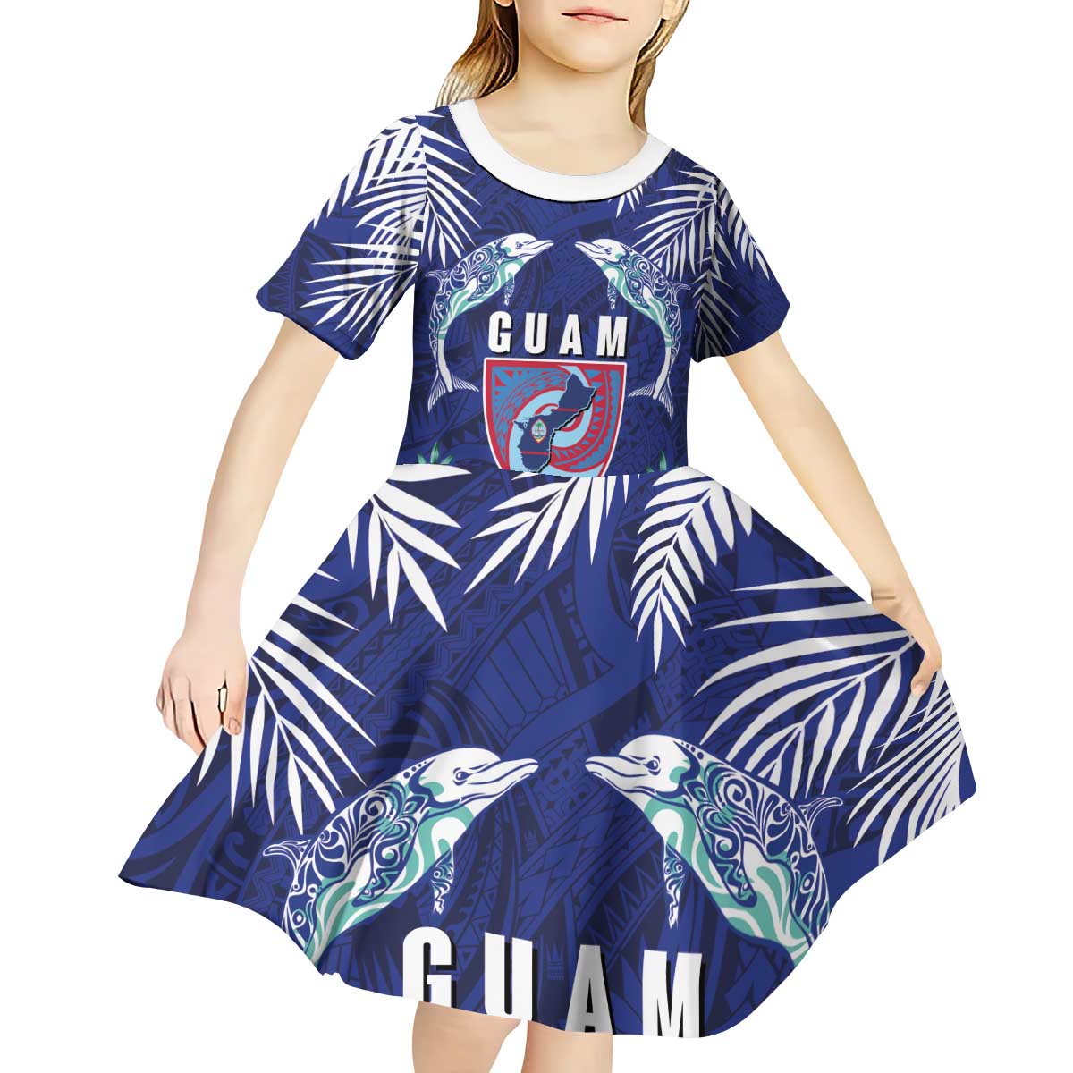 Guam Liberation Day Kid Short Sleeve Dress The Tribal Latte Stone and Dolphins with Hibiscus Chamorro Culture