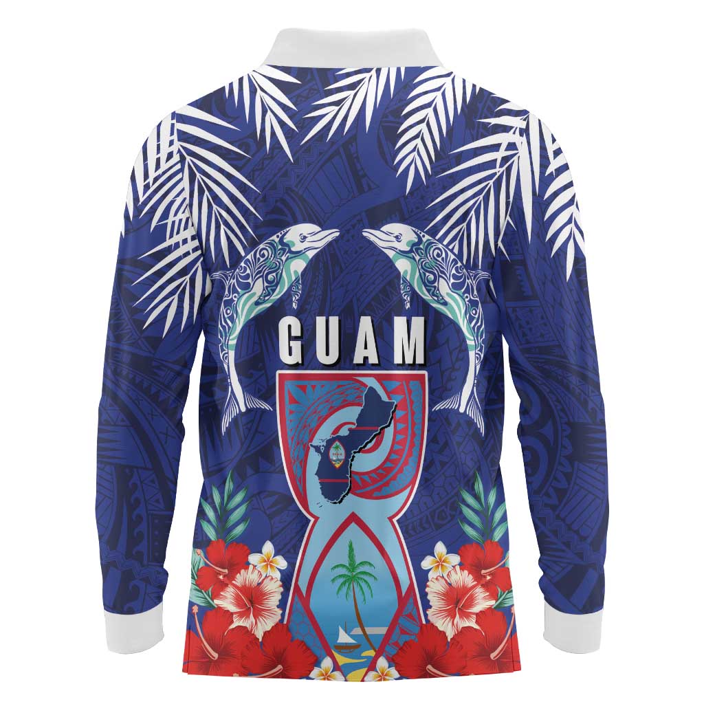 Guam Liberation Day Long Sleeve Polo Shirt The Tribal Latte Stone and Dolphins with Hibiscus Chamorro Culture