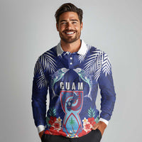 Guam Liberation Day Long Sleeve Polo Shirt The Tribal Latte Stone and Dolphins with Hibiscus Chamorro Culture