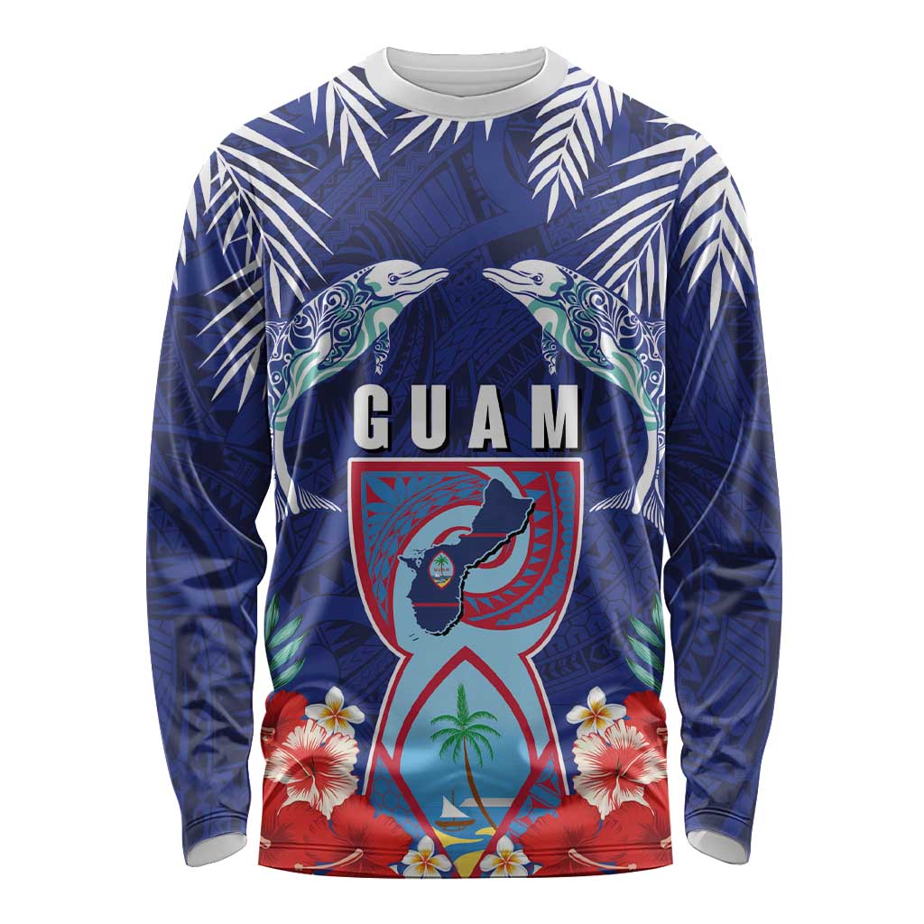 Guam Liberation Day Long Sleeve Shirt The Tribal Latte Stone and Dolphins with Hibiscus Chamorro Culture