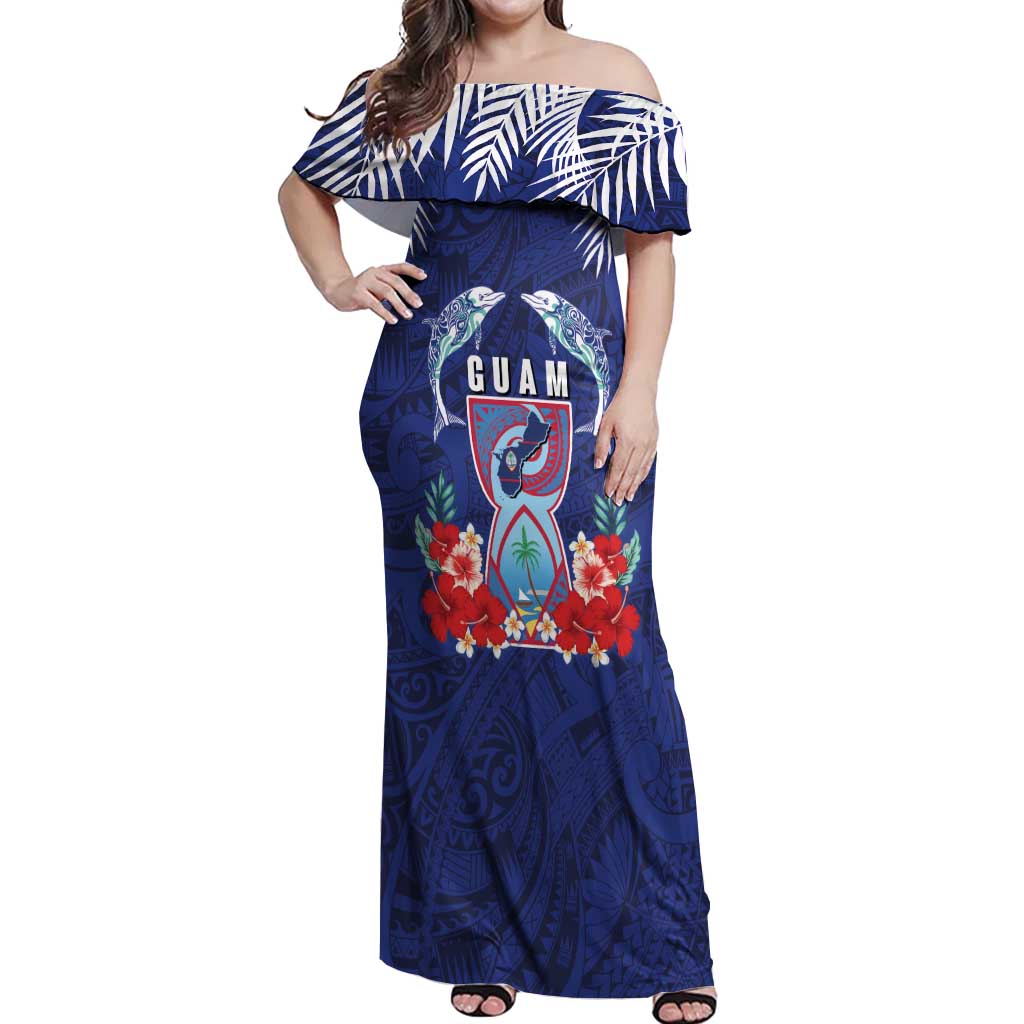 Guam Liberation Day Off Shoulder Maxi Dress The Tribal Latte Stone and Dolphins with Hibiscus Chamorro Culture