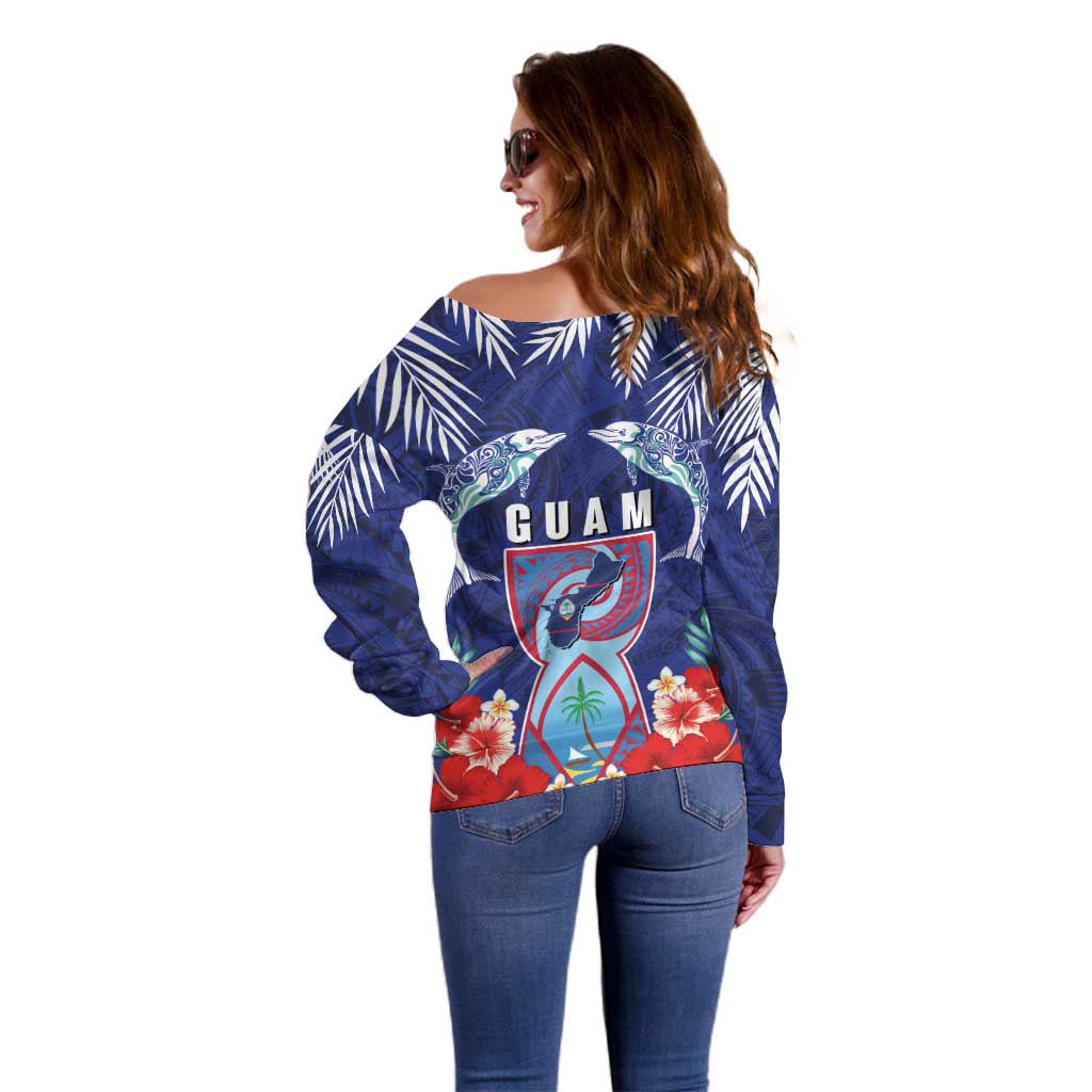 Guam Liberation Day Off Shoulder Sweater The Tribal Latte Stone and Dolphins with Hibiscus Chamorro Culture