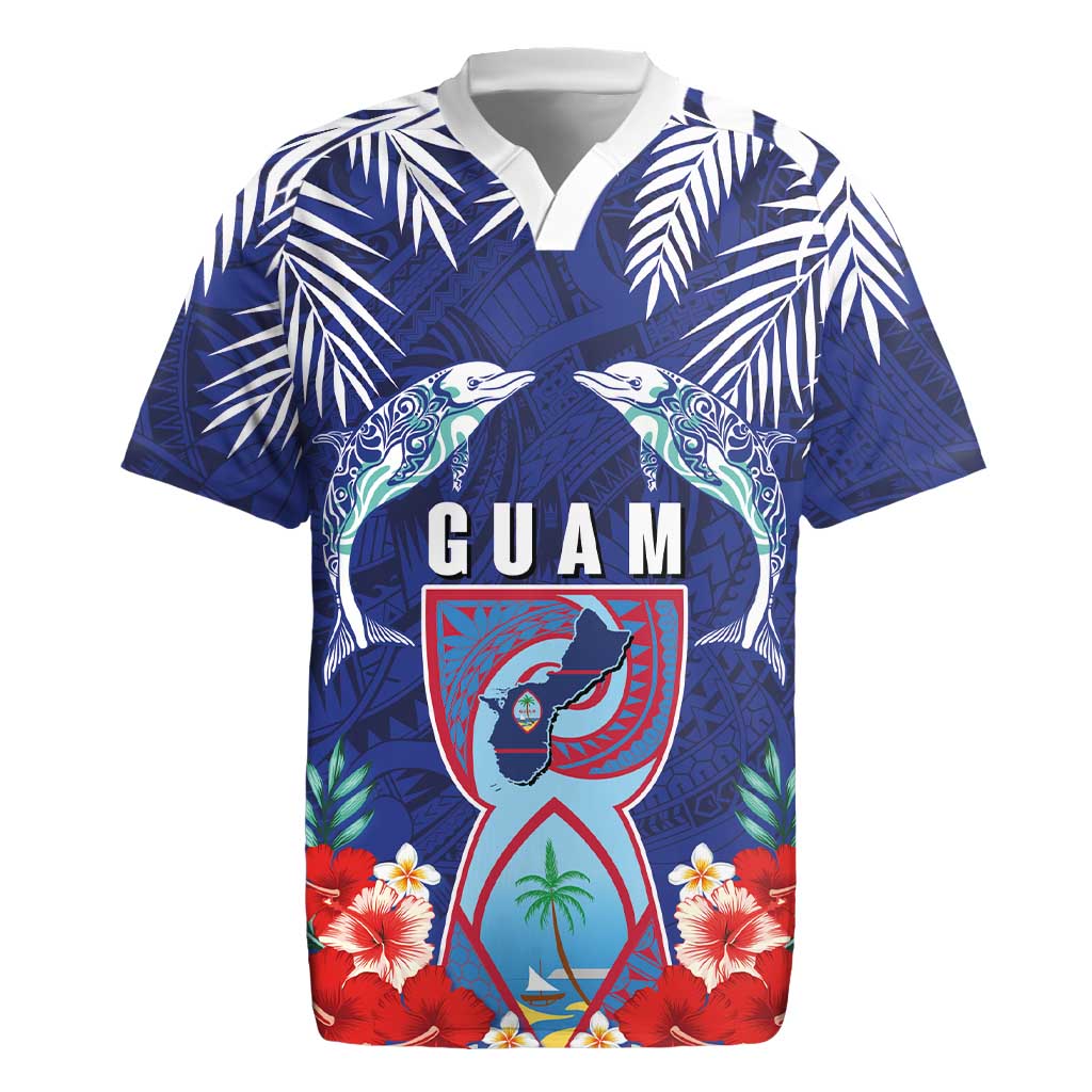 Guam Liberation Day Rugby Jersey The Tribal Latte Stone and Dolphins with Hibiscus Chamorro Culture