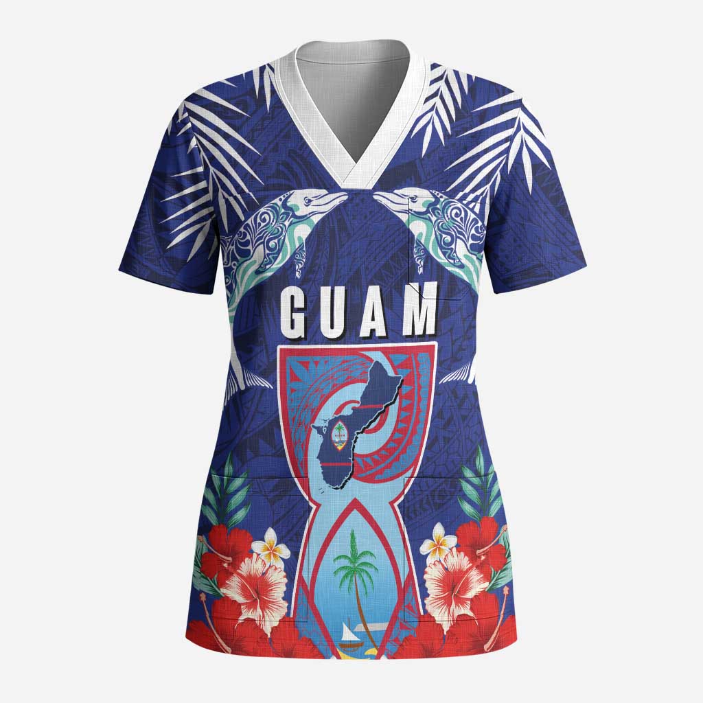 Guam Liberation Day Scrub Top The Tribal Latte Stone and Dolphins with Hibiscus Chamorro Culture - Polynesian Pride
