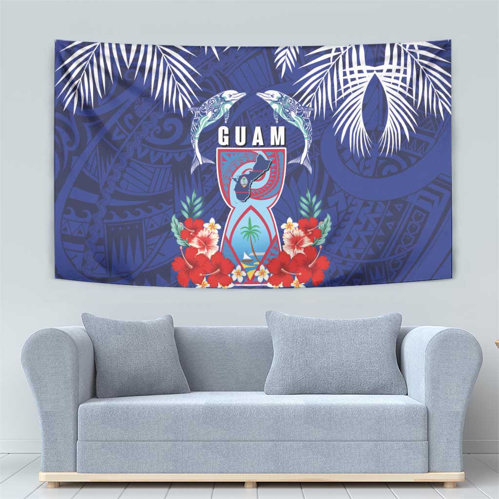 Guam Liberation Day Tapestry The Tribal Latte Stone and Dolphins with Hibiscus Chamorro Culture