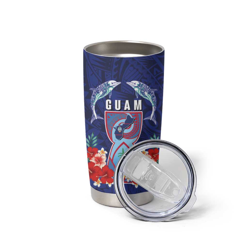 Guam Liberation Day Tumbler Cup The Tribal Latte Stone and Dolphins with Hibiscus Chamorro Culture