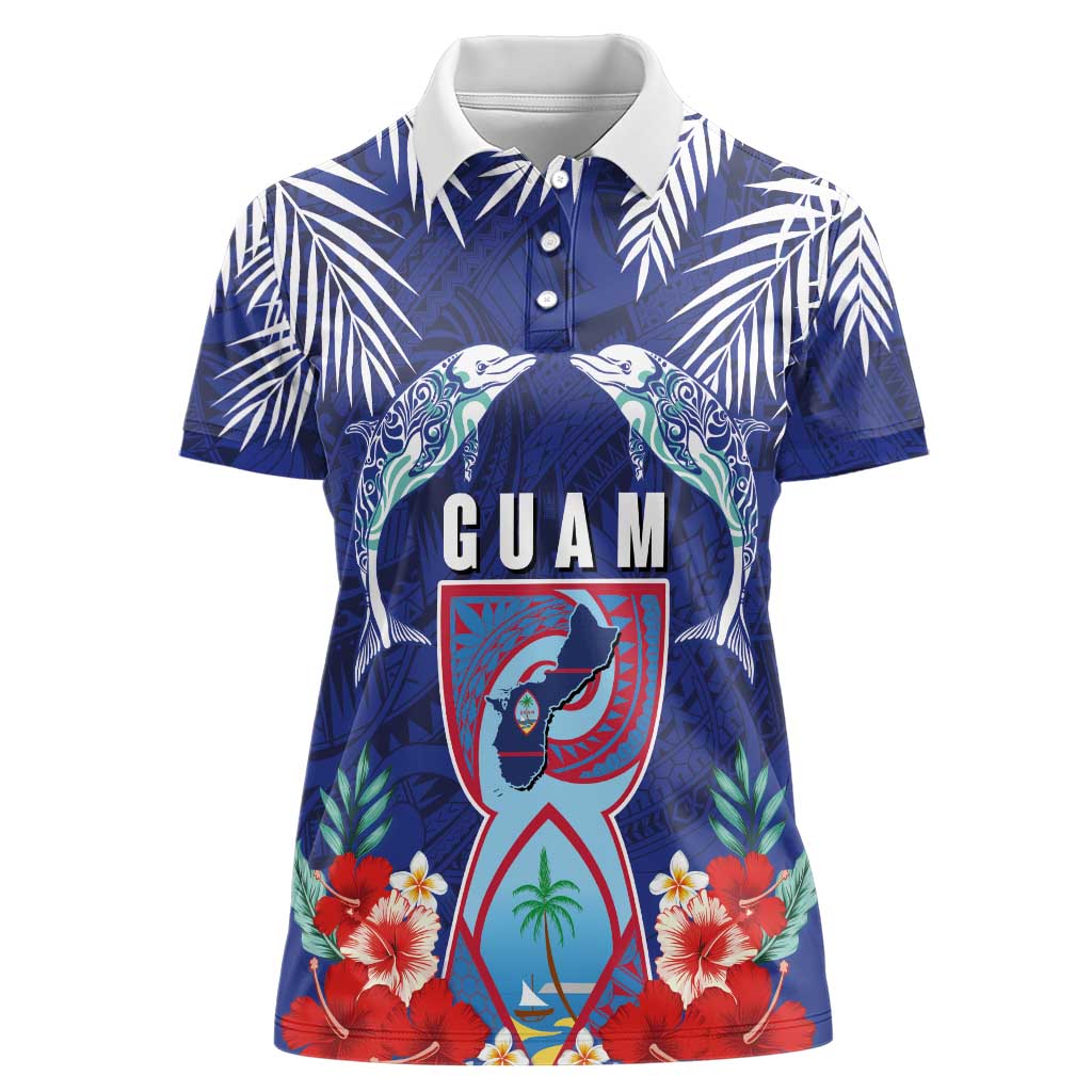 Guam Liberation Day Women Polo Shirt The Tribal Latte Stone and Dolphins with Hibiscus Chamorro Culture