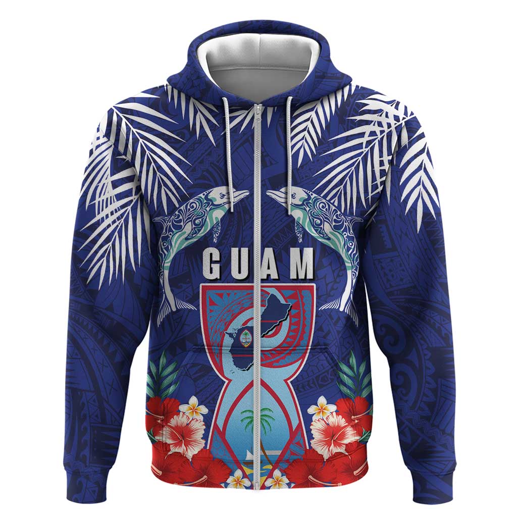 Guam Liberation Day Zip Hoodie The Tribal Latte Stone and Dolphins with Hibiscus Chamorro Culture