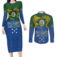 Solomon Islands Couples Matching Long Sleeve Bodycon Dress and Long Sleeve Button Shirt The Guardians-Tribal Crocodile and Shark Melanesian Tattoo