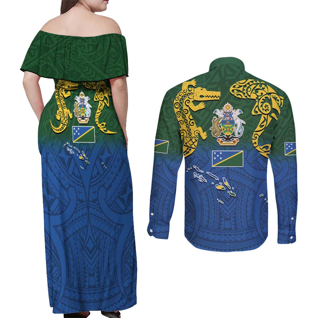Solomon Islands Couples Matching Off Shoulder Maxi Dress and Long Sleeve Button Shirt The Guardians-Tribal Crocodile and Shark Melanesian Tattoo